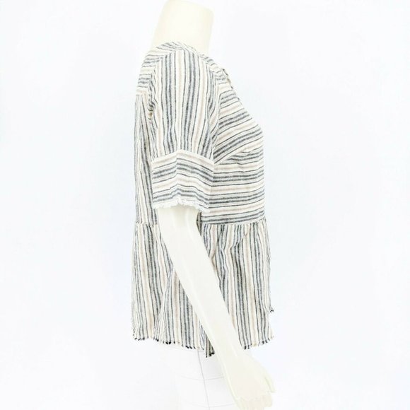 Denim & Co. Striped Blouse Top Fringe Detailing Neutral Tan Women's Size XXS - Picture 2 of 7